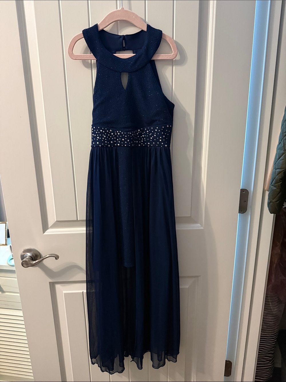 Girls Navy Sparkle Waist Maxi Dress